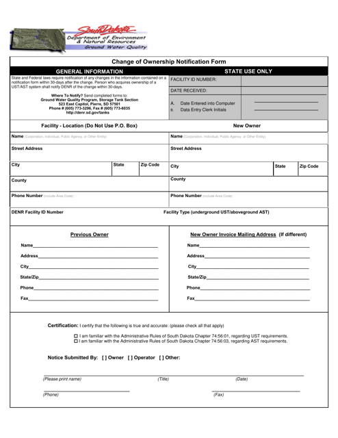 Change of Ownership Notification Form - South Dakota Download Pdf