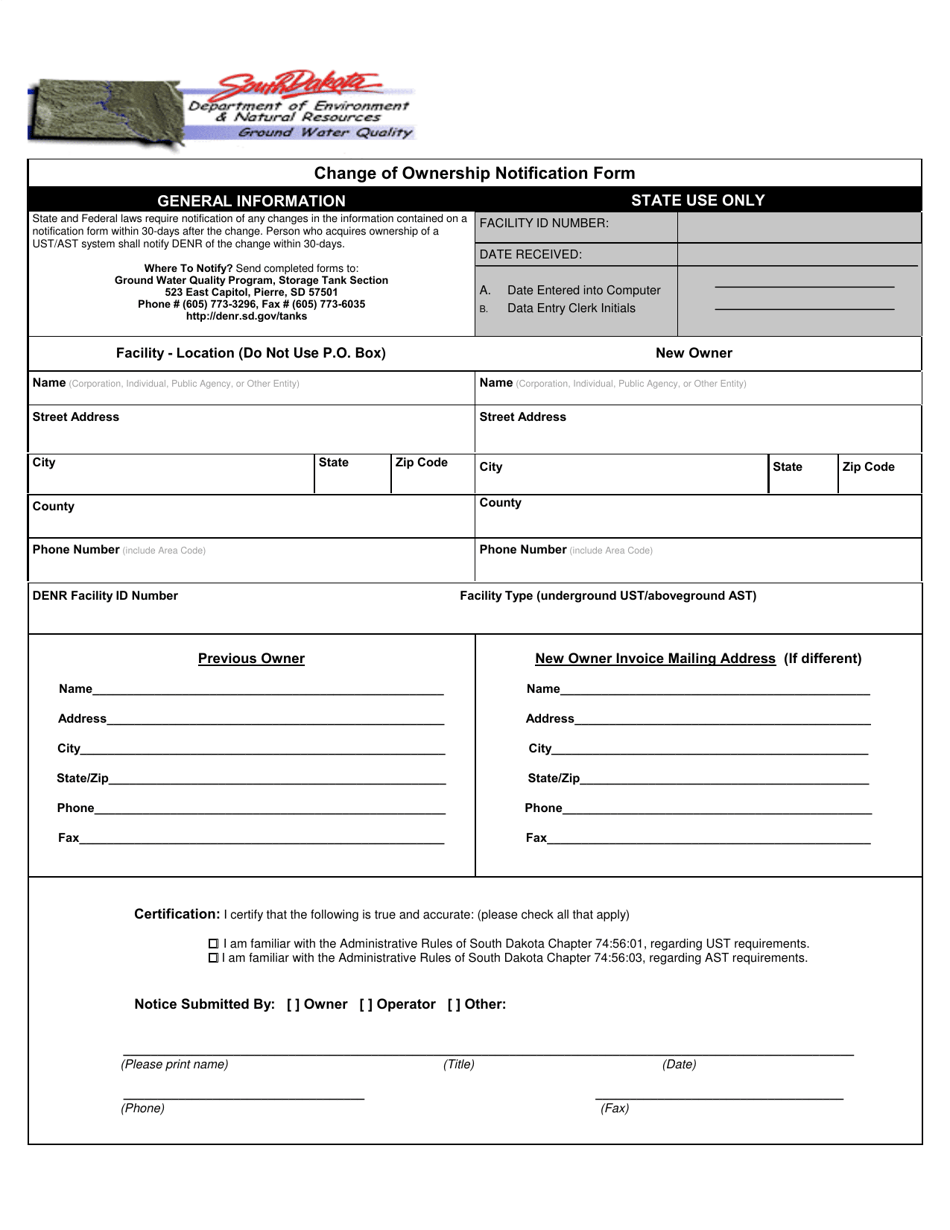 Change of Ownership Notification Form - South Dakota, Page 1