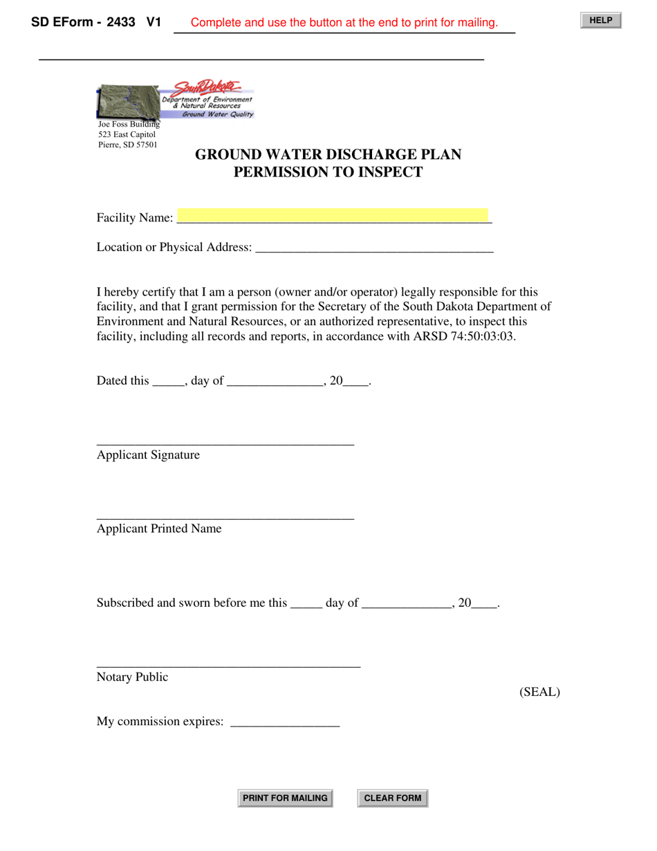 SD Form 2433 Ground Water Discharge Plan Permission to Inspect - South Dakota, Page 1