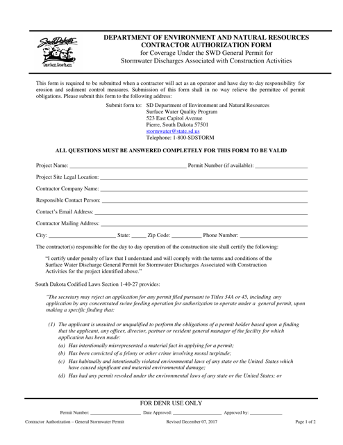 Contractor Authorization Form for Coverage Under the Swd General Permit for Stormwater Discharges Associated With Construction Activities - South Dakota Download Pdf