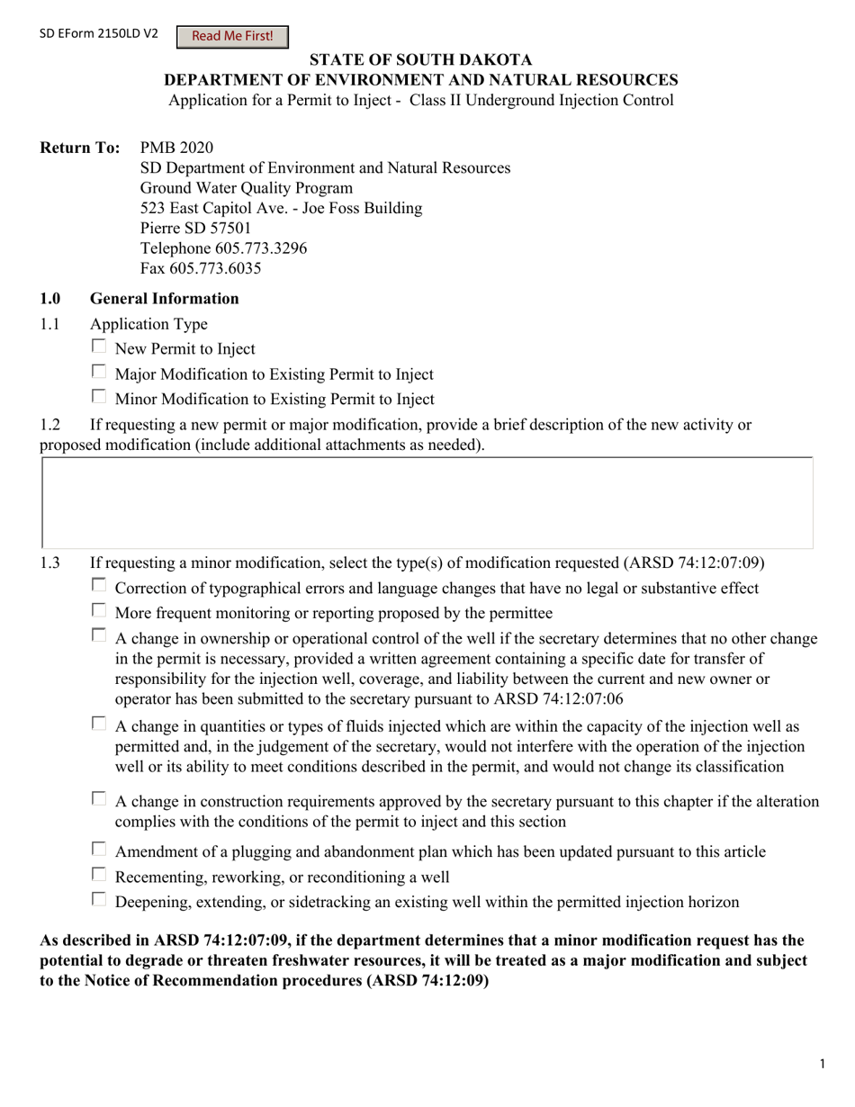 SD Form 2150LD Application for a Permit to Inject - Class II Underground Injection Control - South Dakota, Page 1