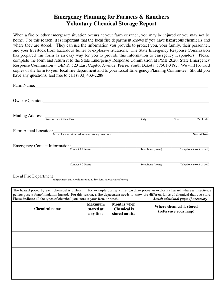 Emergency Planning for Farmers  Ranchers Voluntary Chemical Storage Report Form - South Dakota, Page 1