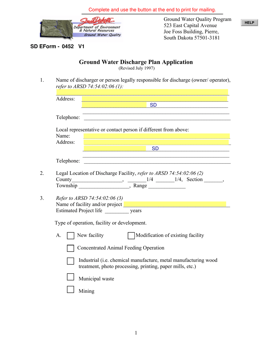 SD Form 0452 Ground Water Discharge Plan Application - South Dakota, Page 1