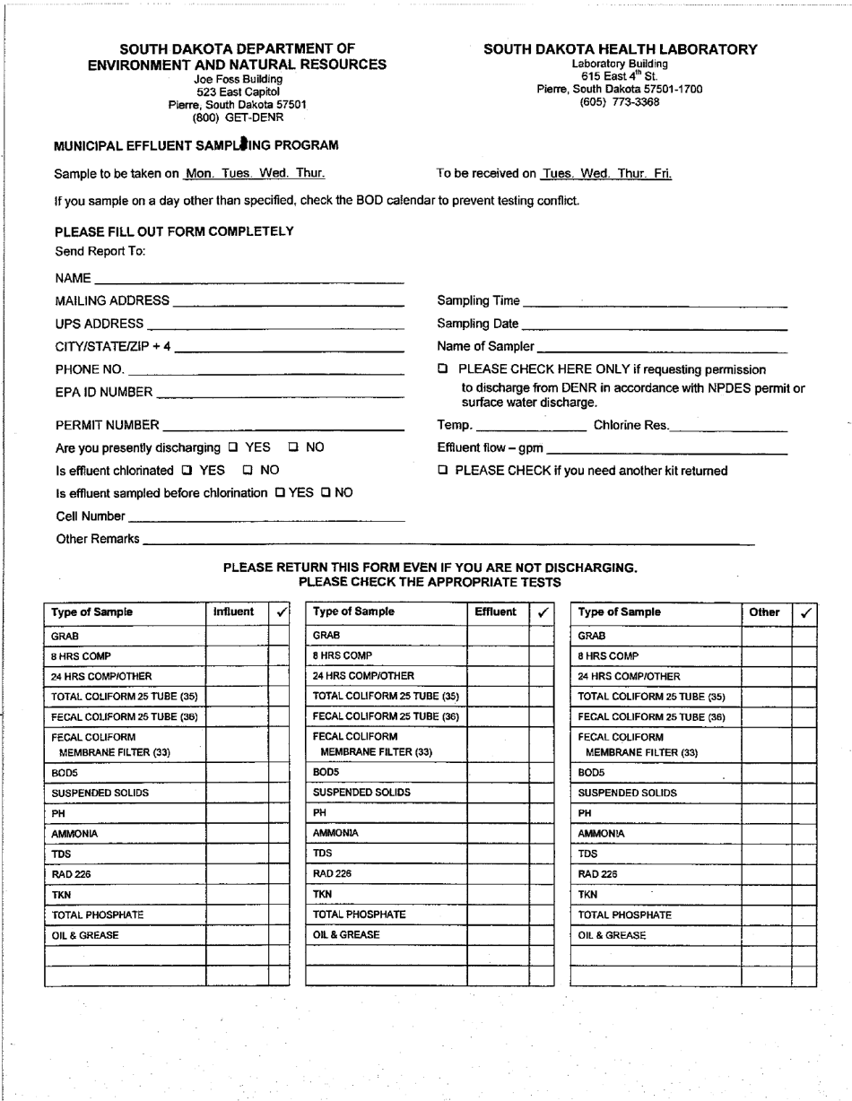 Lab Sample Checklist - Municipal Effluent Sampling Program - South Dakota, Page 1