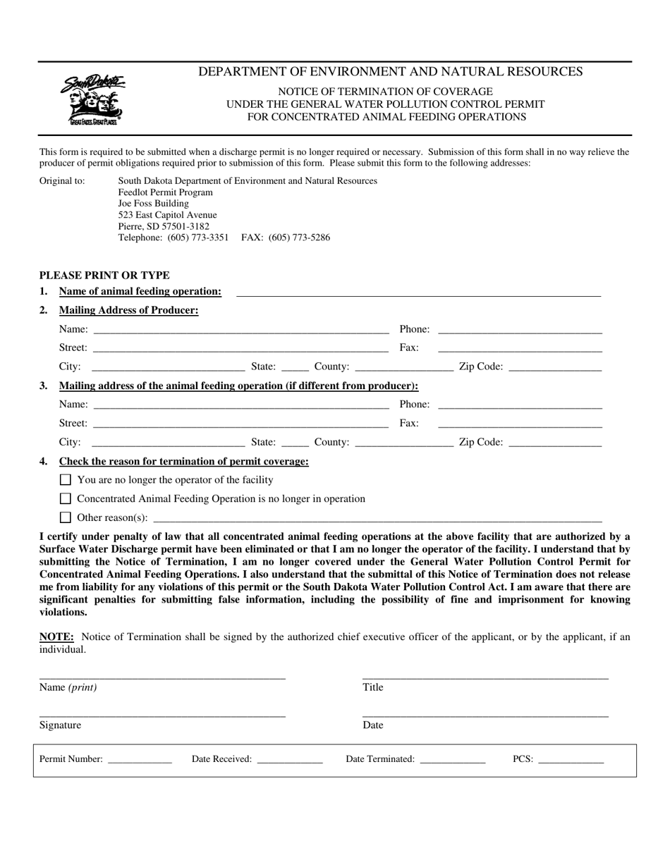 Notice of Termination of Coverage Under the General Water Pollution Control Permit for Concentrated Animal Feeding Operations - South Dakota, Page 1