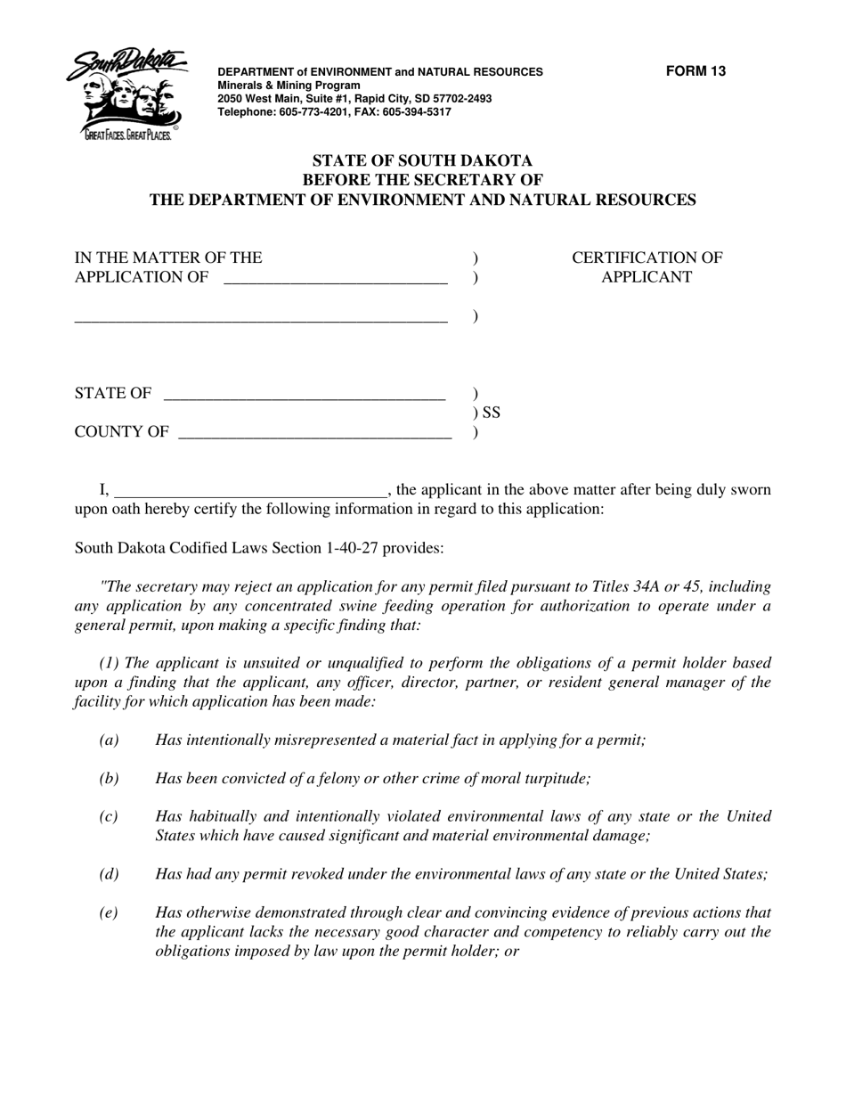 Form 13 Certification of Applicant - South Dakota, Page 1