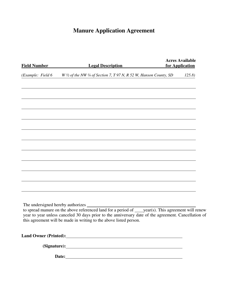 Manure Application Agreement Form - South Dakota, Page 1