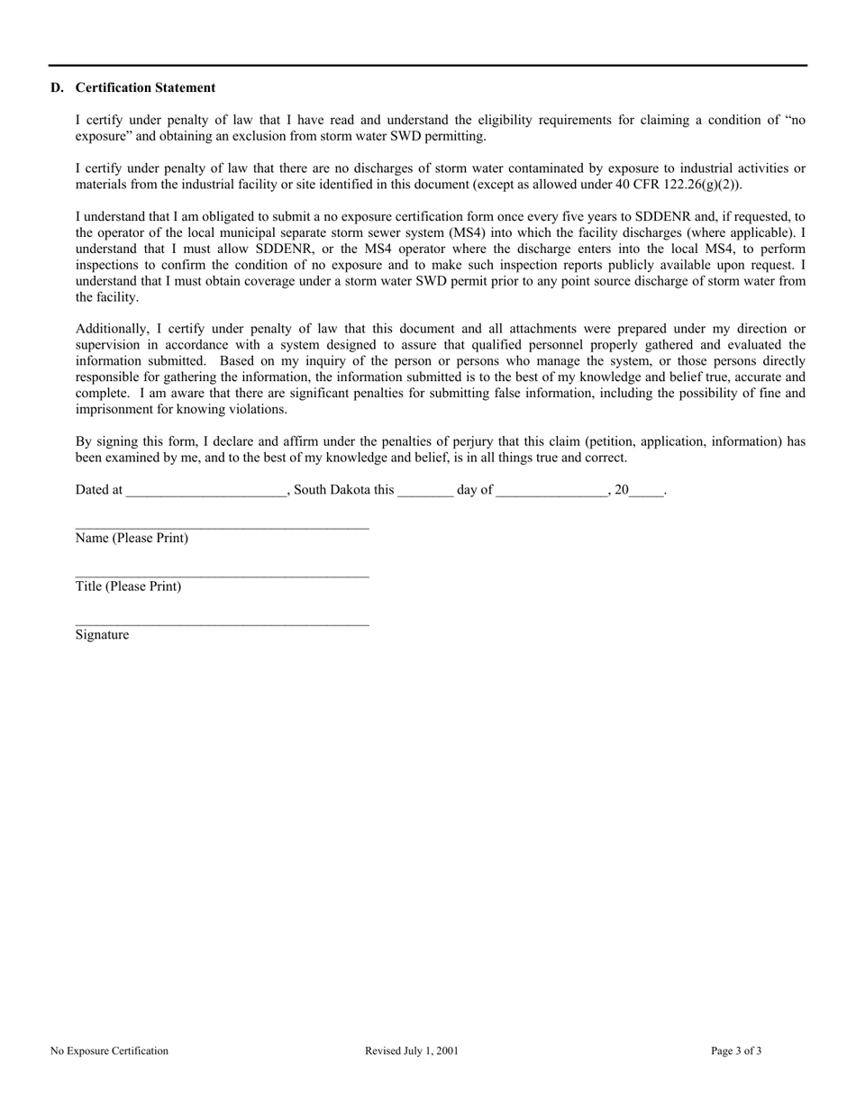 SD Form 1745 No Exposure Certification for Exclusion From Storm Water Permitting Under the Surface Water Discharge Program - South Dakota, Page 4