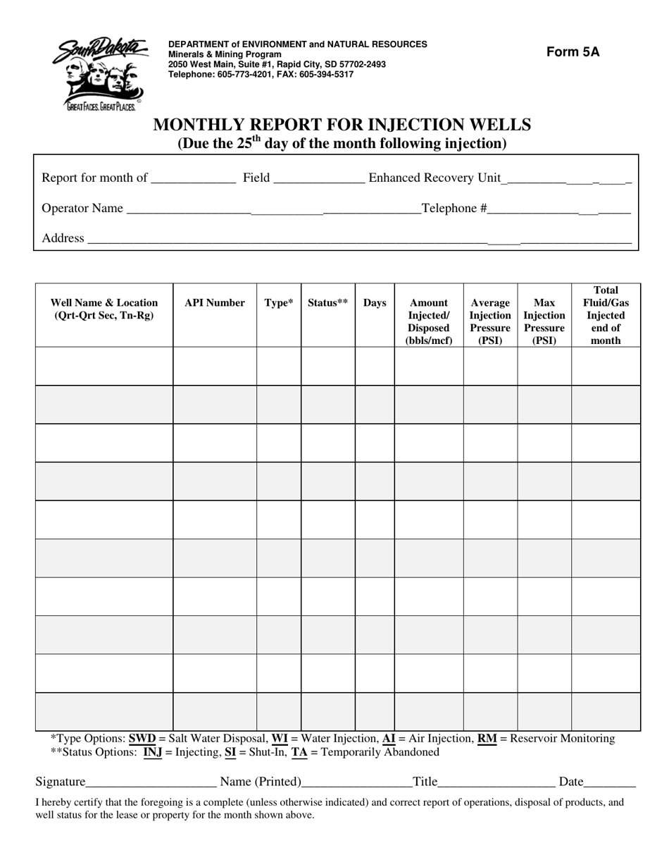 Form 5A Monthly Report for Injection Wells - South Dakota, Page 1