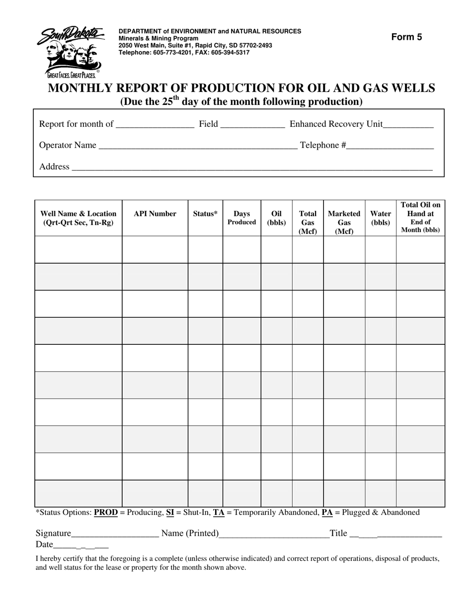Form 5 Monthly Report of Production for Oil and Gas Wells - South Dakota, Page 1