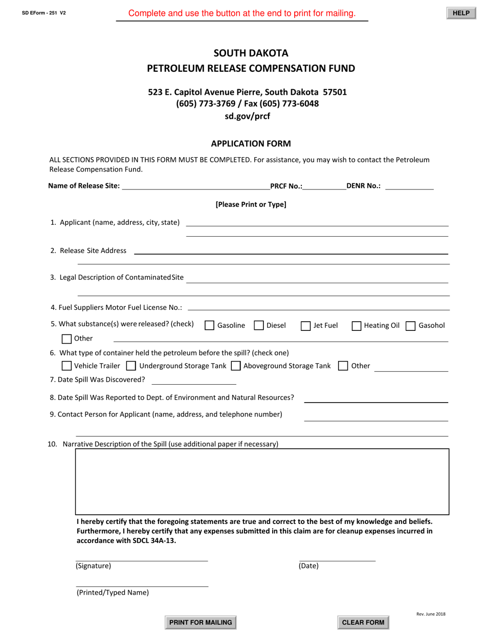 SD Form 251 Petroleum Release Compensation Fund Application Form - South Dakota, Page 1