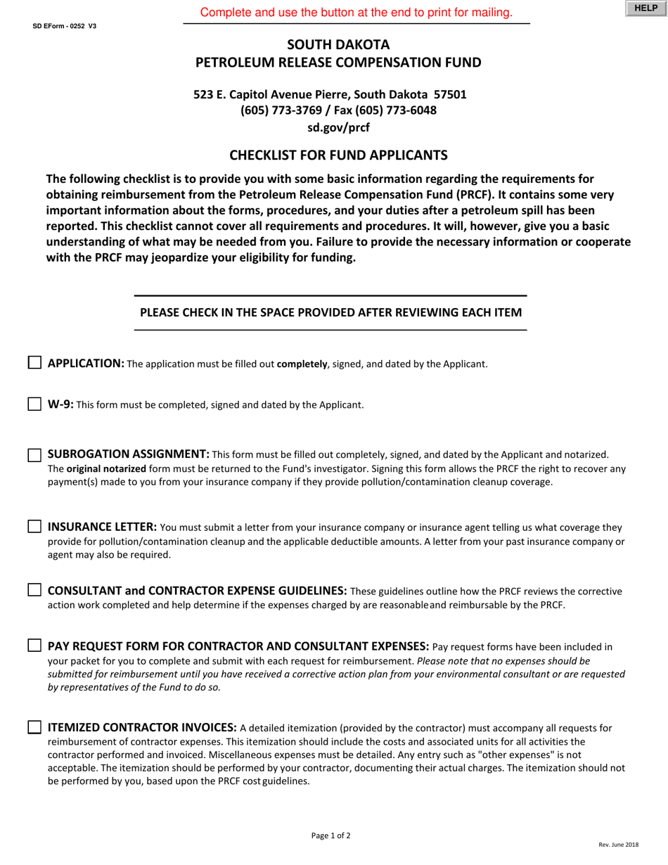 SD Form 0252 Petroleum Release Compensation Fund Checklist for Fund Applicants - South Dakota, Page 1