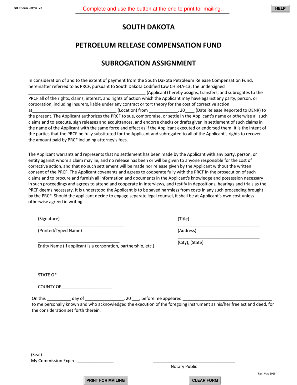 SD Form 0256 Petroleum Release Compensation Fund Subrogation Assignment - South Dakota, Page 1