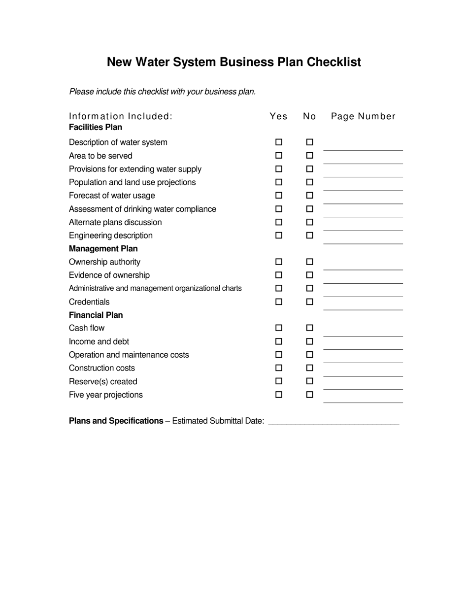 New Water System Business Plan Checklist - South Dakota, Page 1