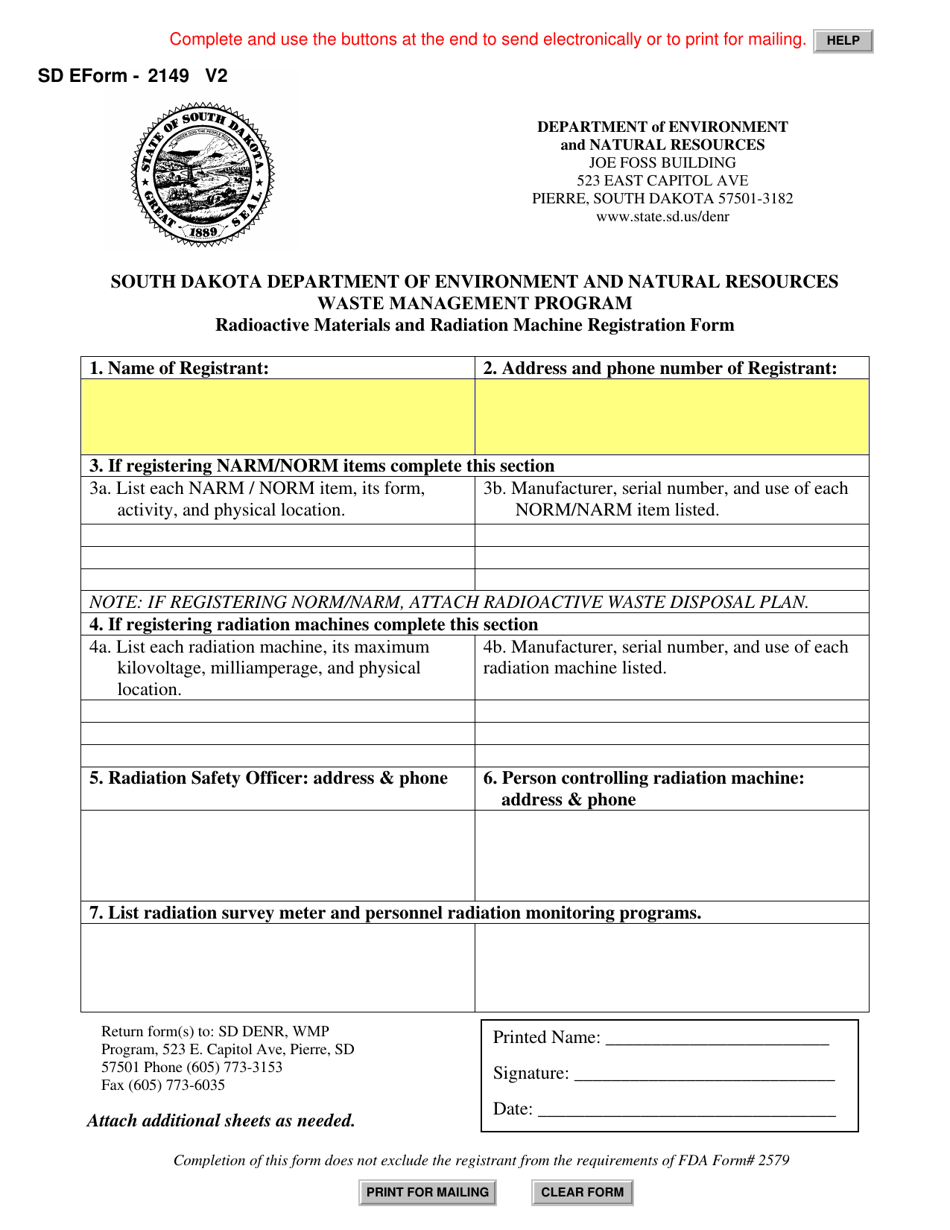 SD Form 2149 Radioactive Materials and Radiation Machine Registration Form - South Dakota, Page 1
