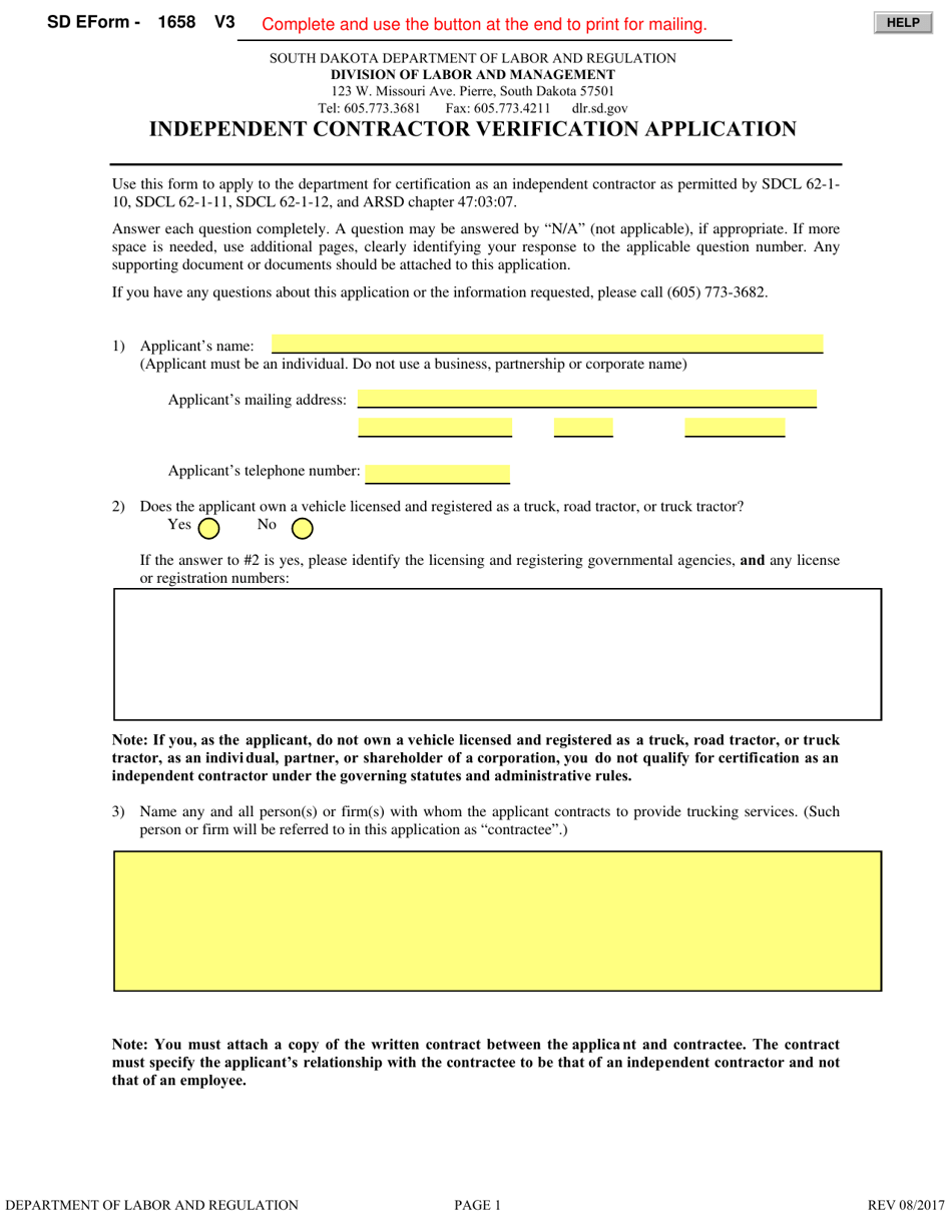 SD Form 1658 Independent Contractor Verification Application - South Dakota, Page 1