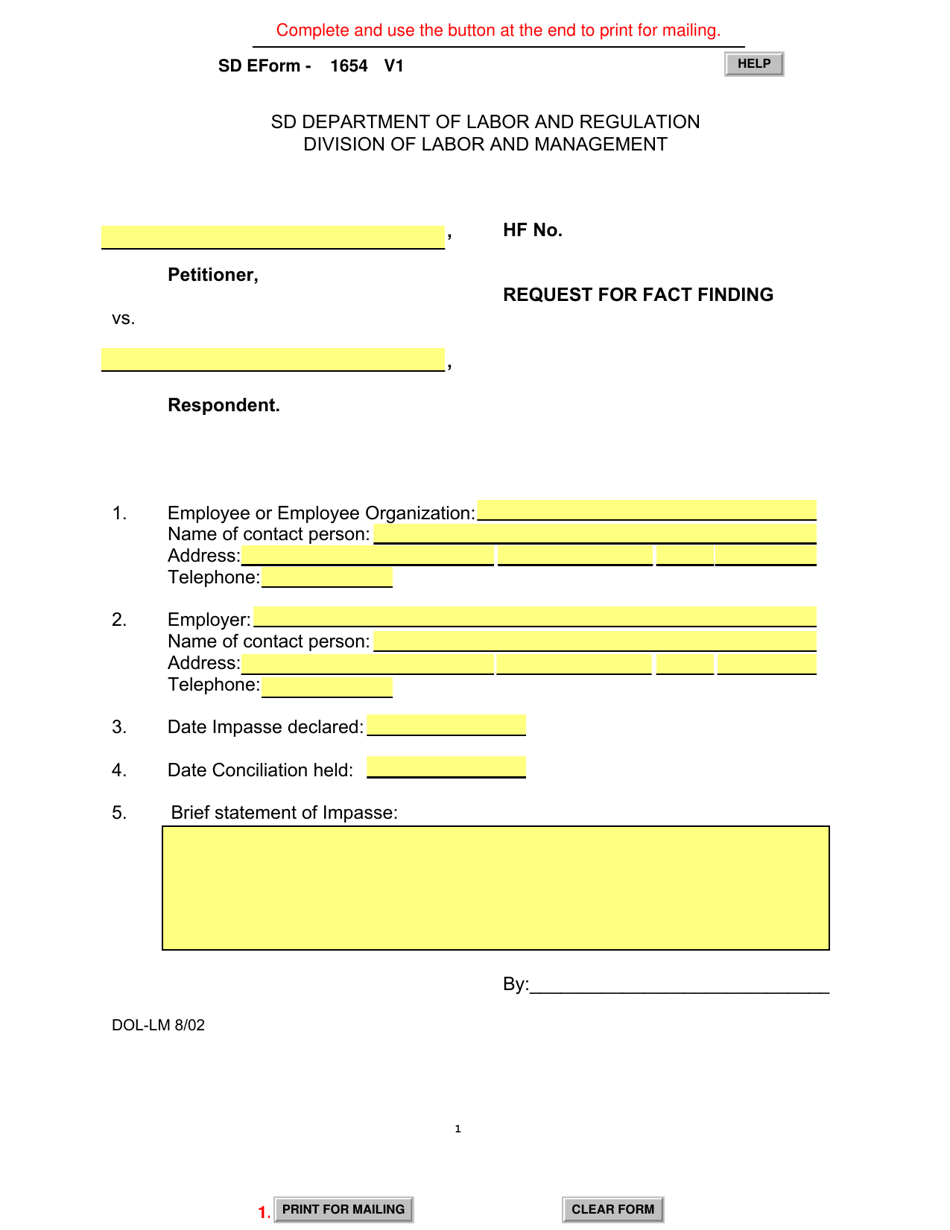 SD Form 1654 Request for Fact Finding - South Dakota, Page 1