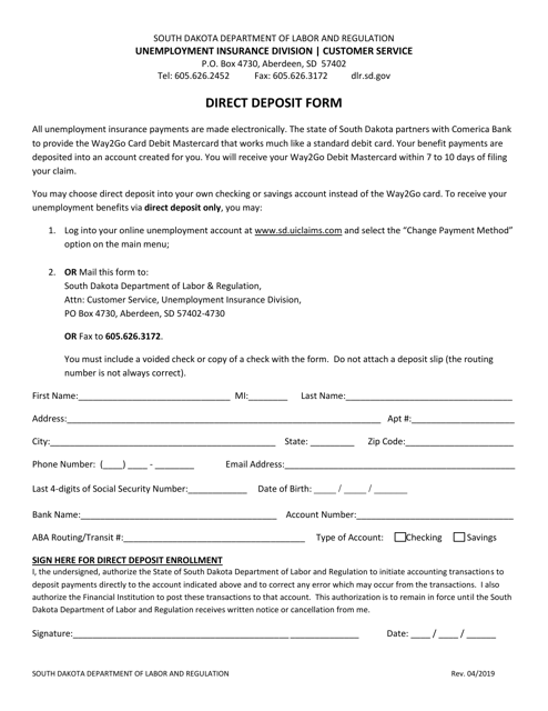 Direct Deposit Form - South Dakota Download Pdf