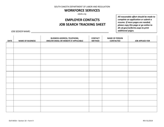 Document preview: Form 9 Employer Contacts Job Search Tracking Sheet - South Dakota
