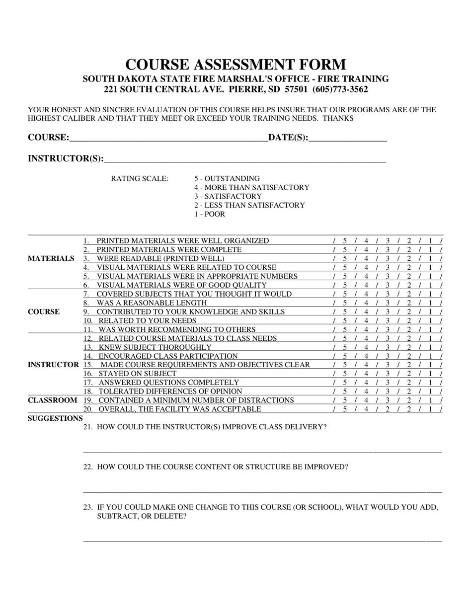 Fire Training Course Assessment Form - South Dakota, Page 1