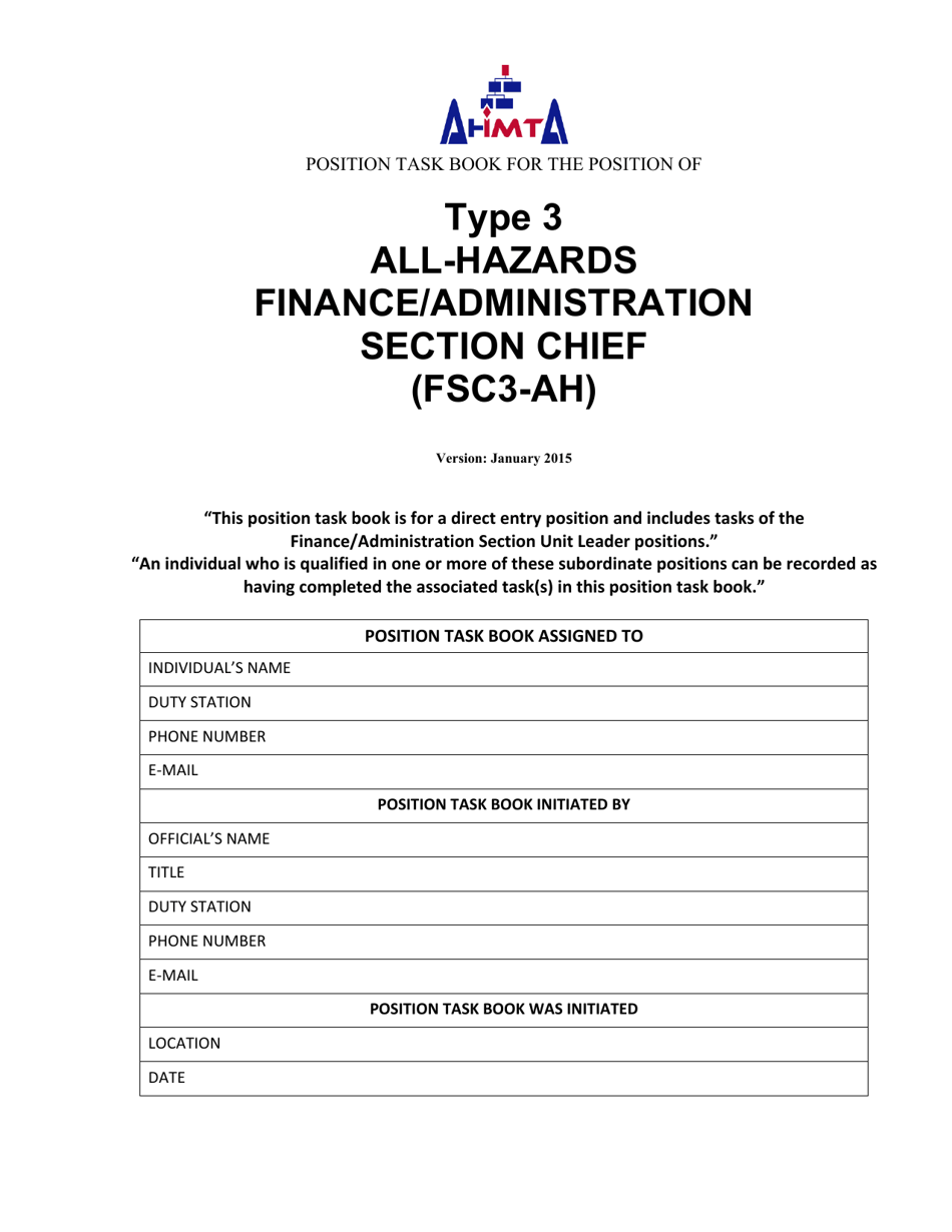 Position Task Book for the Position of Type 3 All-hazards Finance / Administration Section Chief (Fsc3-ah) - South Dakota, Page 1