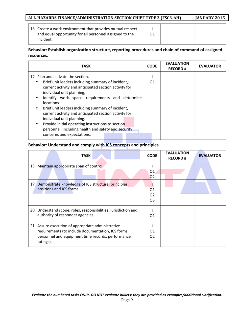 Position Task Book for the Position of Type 3 All-hazards Finance / Administration Section Chief (Fsc3-ah) - South Dakota, Page 9