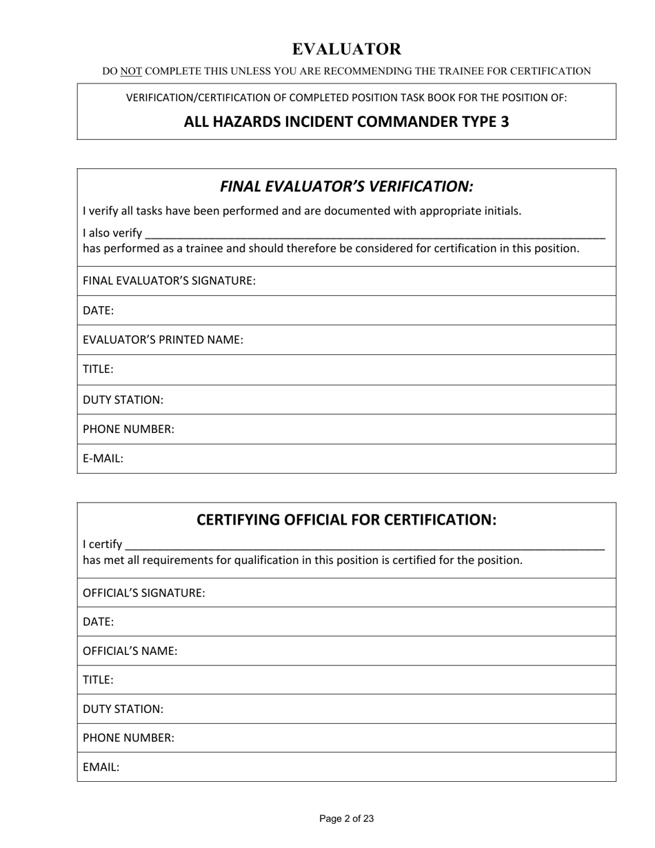 Position Task Book for the Position of Type 3 All-hazards Incident Commander (Ict3-ah) - Colorado, Page 2