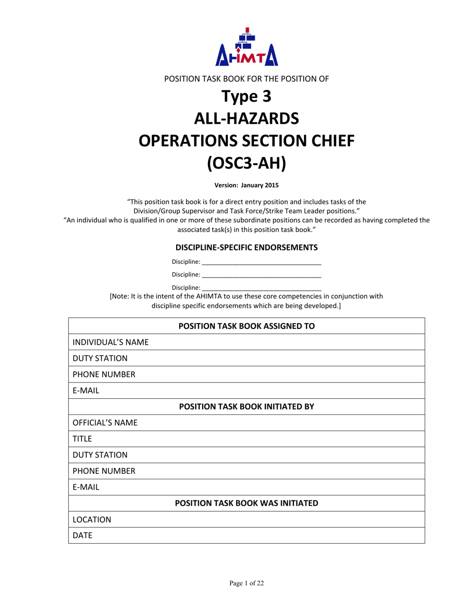 Position Task Book for the Position of Type 3 All-hazards Operations Section Chief (Osc3-ah) - Colorado, Page 1