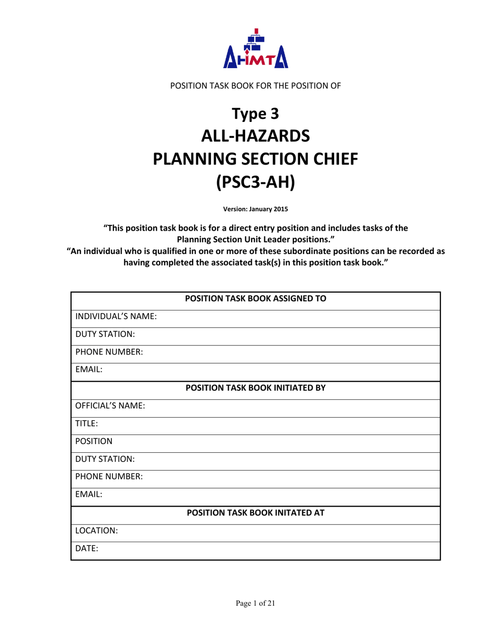 Position Task Book for the Position of Type 3 All-hazards Planning Section Chief (Psc3-ah) - Colorado, Page 1