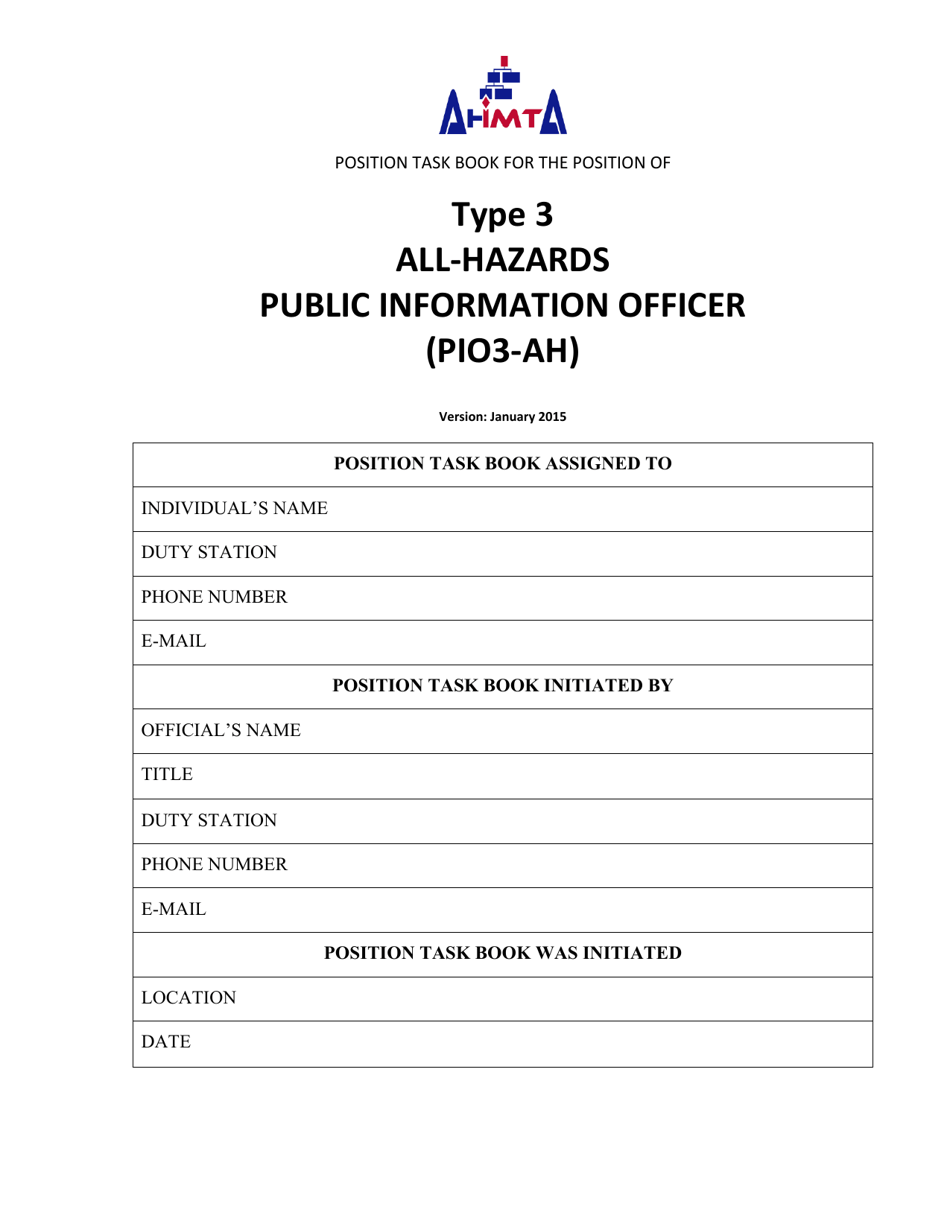 Position Task Book for the Position of Type 3 All-hazards Public Information Officer (Pio3-ah) - Colorado, Page 1