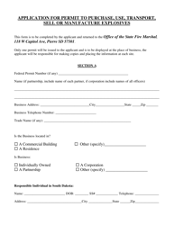 Document preview: Application for Permit to Purchase, Use, Transport, Sell or Manufacture Explosives - South Dakota