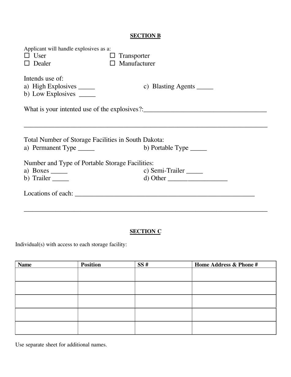 Application for Permit to Purchase, Use, Transport, Sell or Manufacture Explosives - South Dakota, Page 2