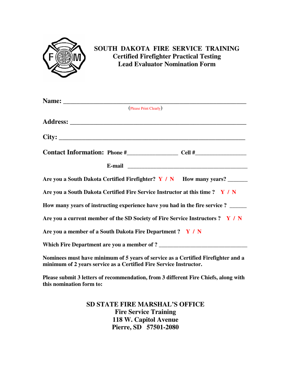 Certified Firefighter Practical Testing Lead Evaluator Nomination Form - South Dakota, Page 1