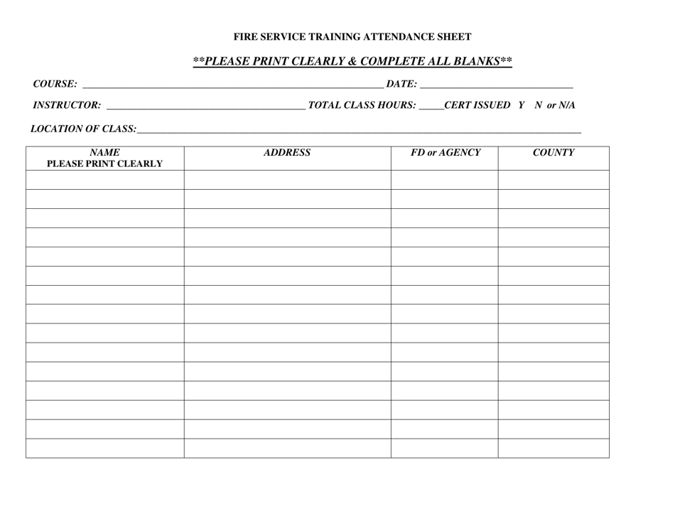 South Dakota Fire Service Training Attendance Sheet Fill Out Sign