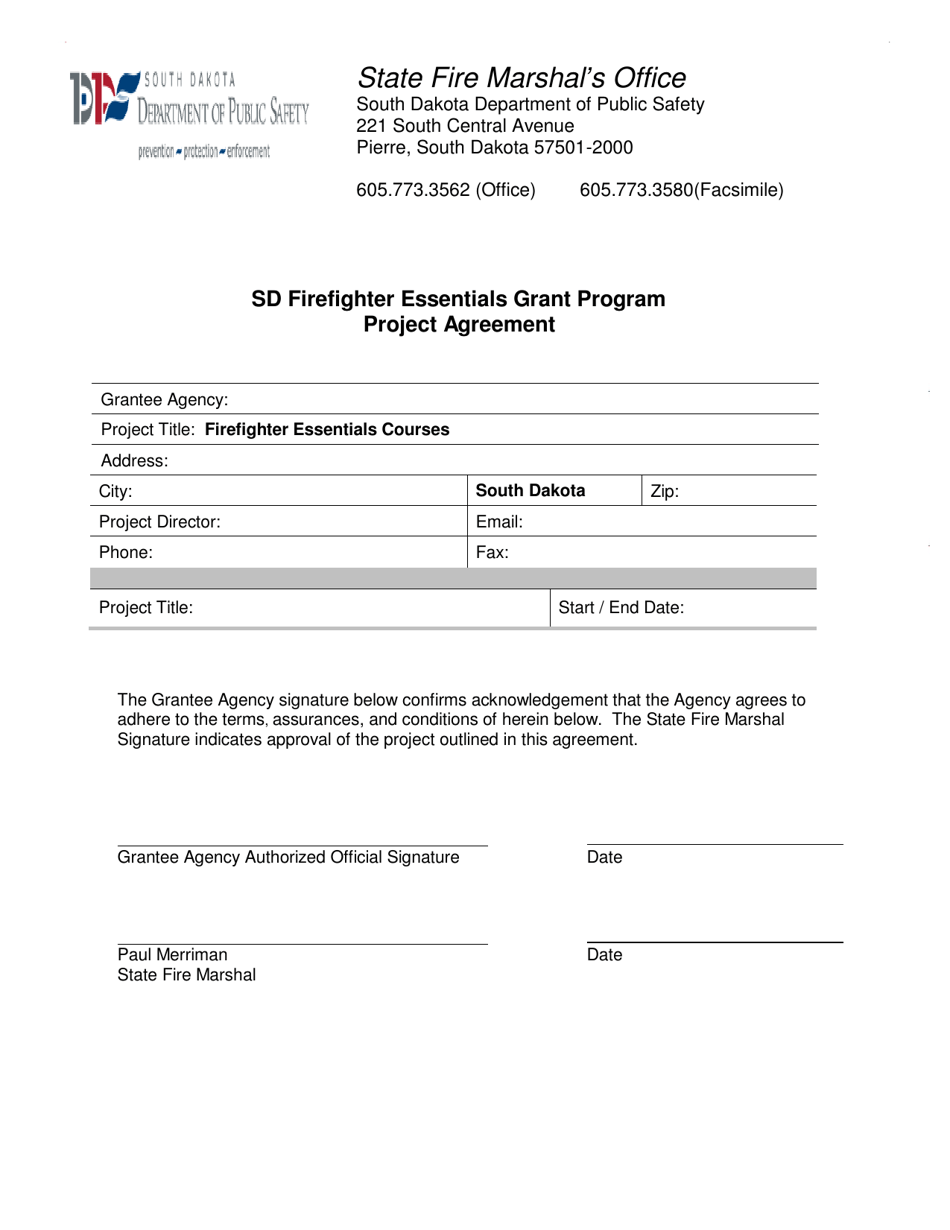 SD Firefighter Essentials Grant Program Project Agreement Form - South Dakota, Page 1
