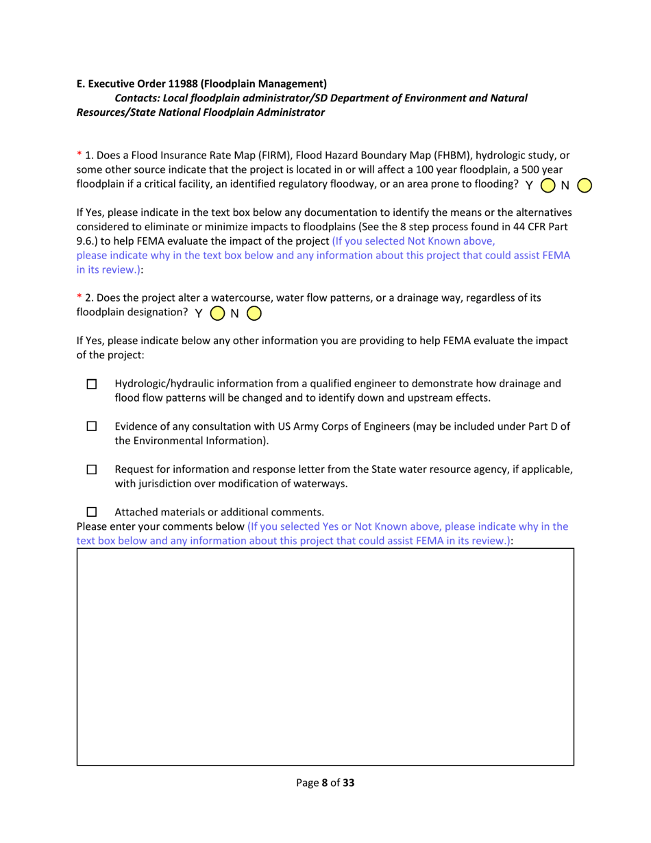SD Form 2350 South Dakota Hazard Mitigation Application Part II - Environmental / Historic Preservation Questionnaire - South Dakota, Page 8