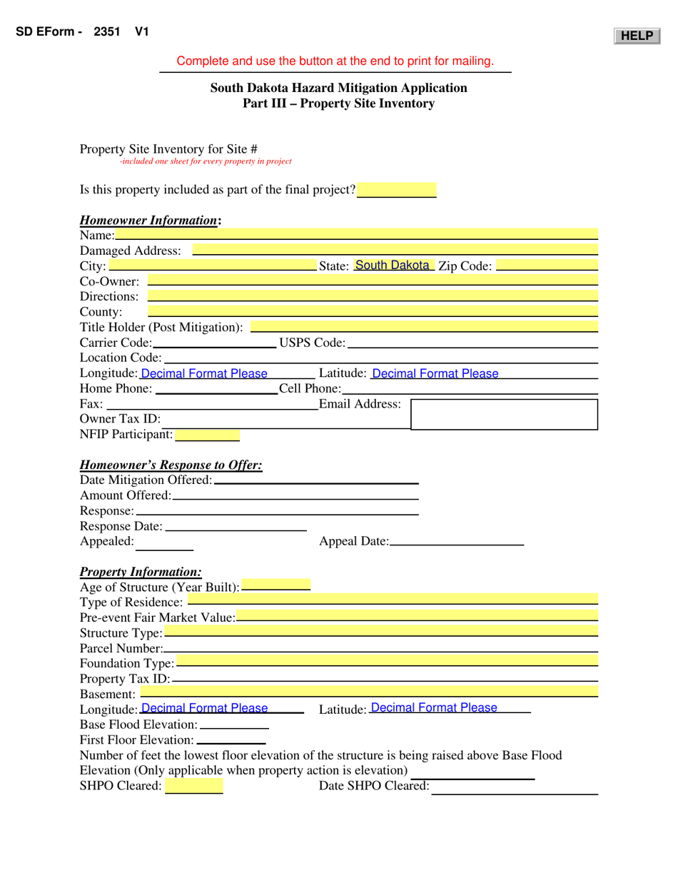 SD Form 2351 Part III South Dakota Hazard Mitigation Application - Property Site Inventory - South Dakota, Page 1