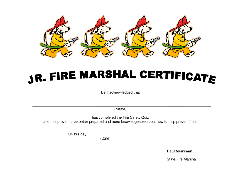 Jr. Fire Marshal Certificate - South Dakota Download Pdf