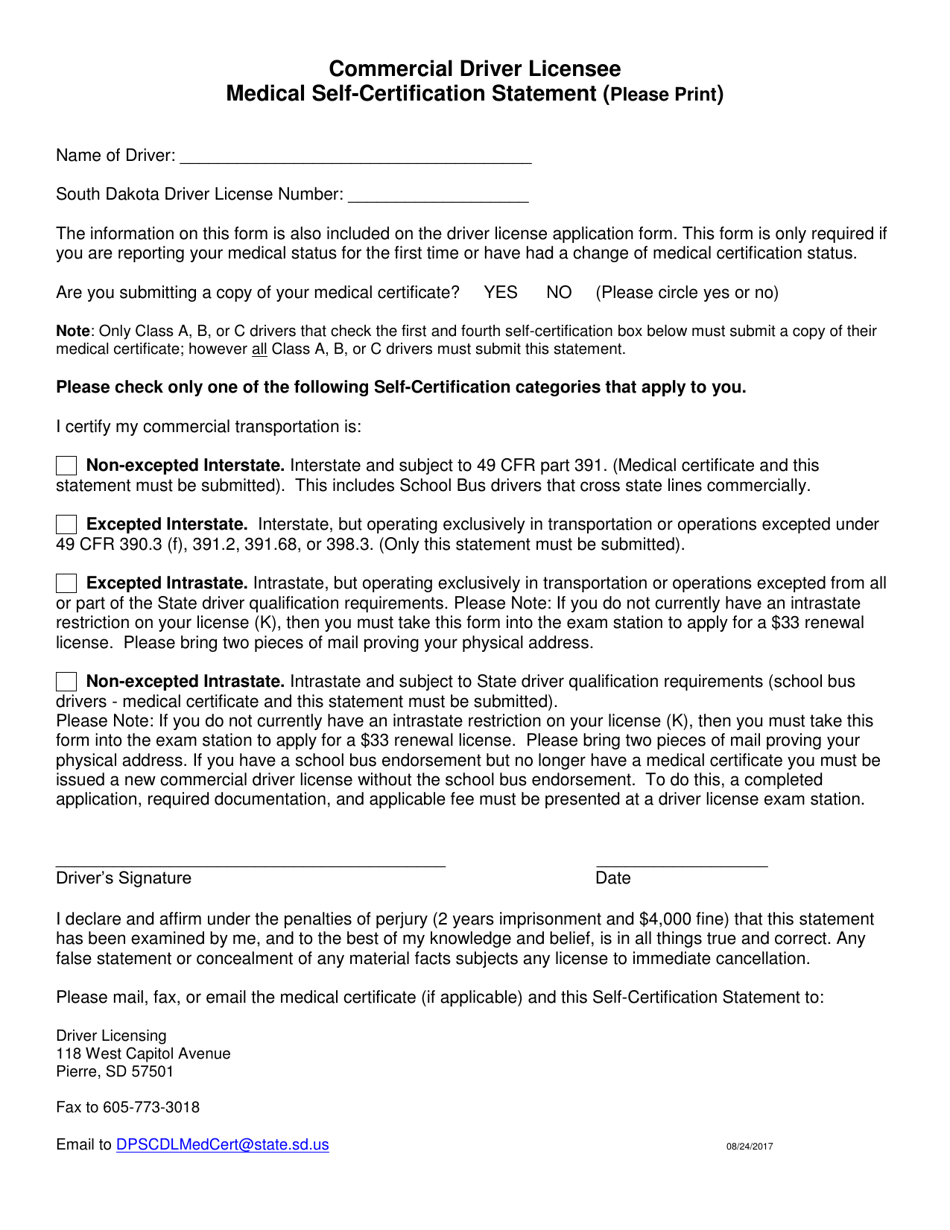 Commercial Driver Licensee Medical Self-certification Statement Form - South Dakota, Page 1