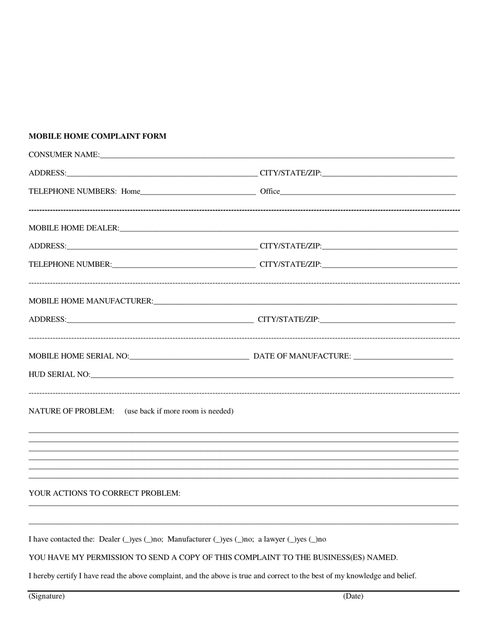 Mobile Home Complaint Form - South Dakota, Page 1