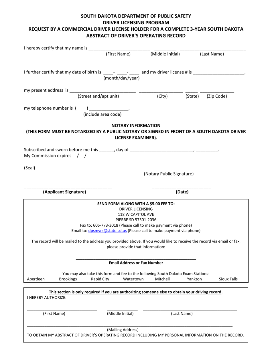 Request by a Commercial Driver License Holder for a Complete 3-year South Dakota Abstract of Drivers Operating Record - South Dakota, Page 1