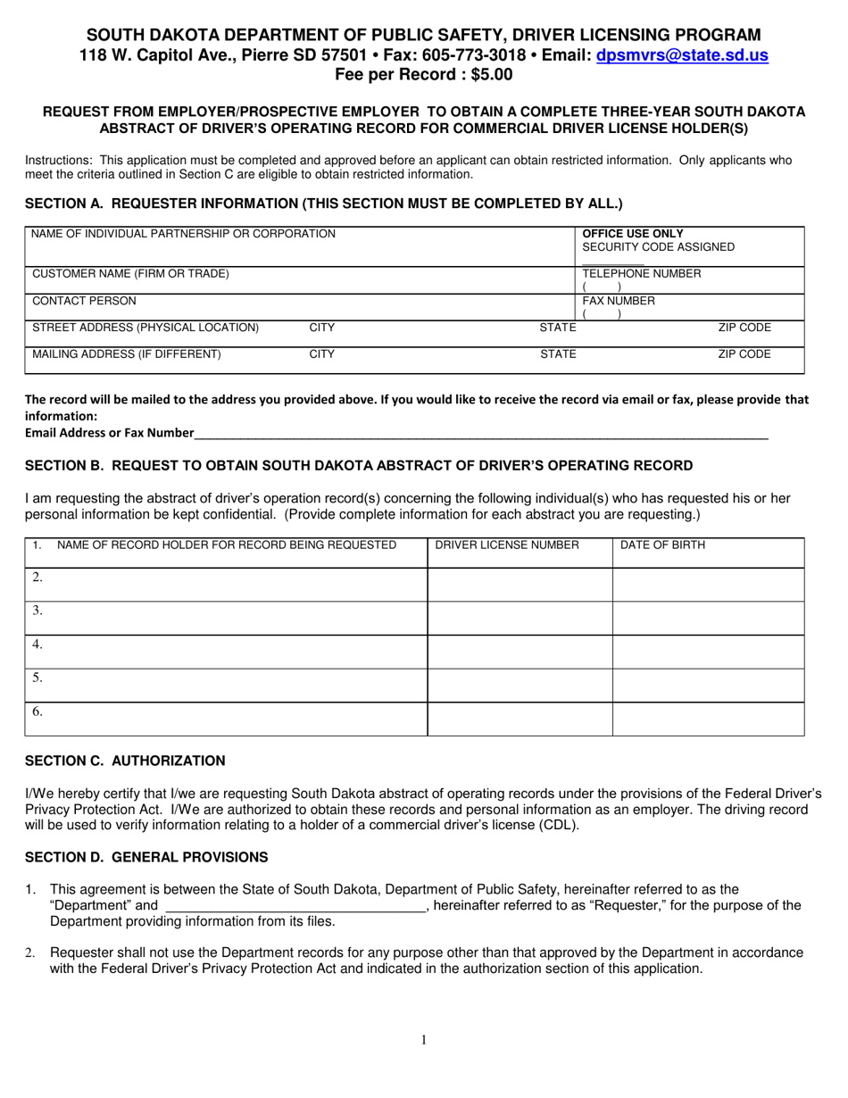 Request From Employer / Prospective Employer to Obtain a Complete Three-Year South Dakota Abstract of Drivers Operating Record for Commercial Driver License Holder(S) - South Dakota, Page 1