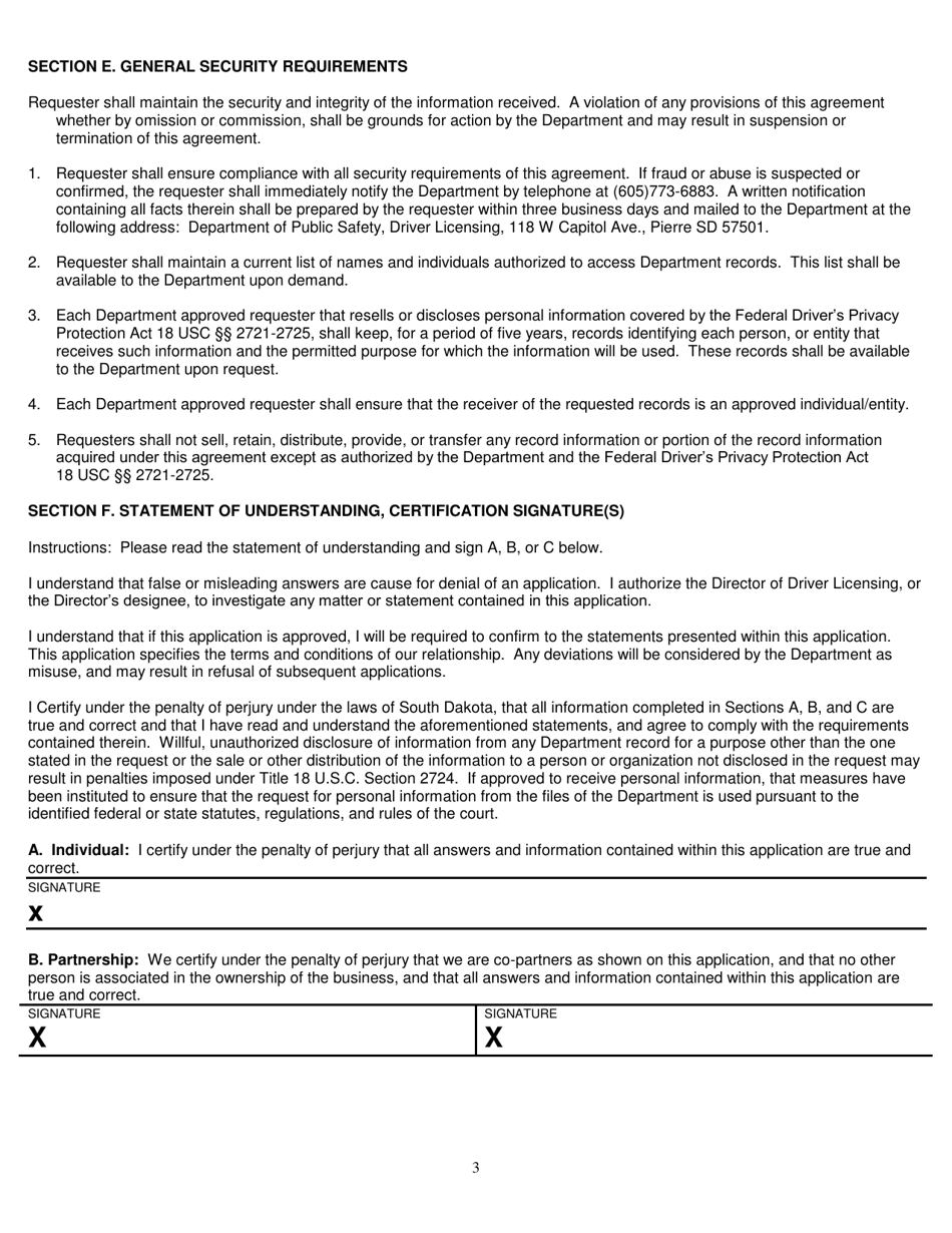 Request From Employer / Prospective Employer to Obtain a Complete Three-Year South Dakota Abstract of Drivers Operating Record for Commercial Driver License Holder(S) - South Dakota, Page 3