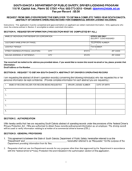Document preview: Request From Employer/Prospective Employer to Obtain a Complete Three-Year South Dakota Abstract of Driver's Operating Record for Commercial Driver License Holder(S) - South Dakota