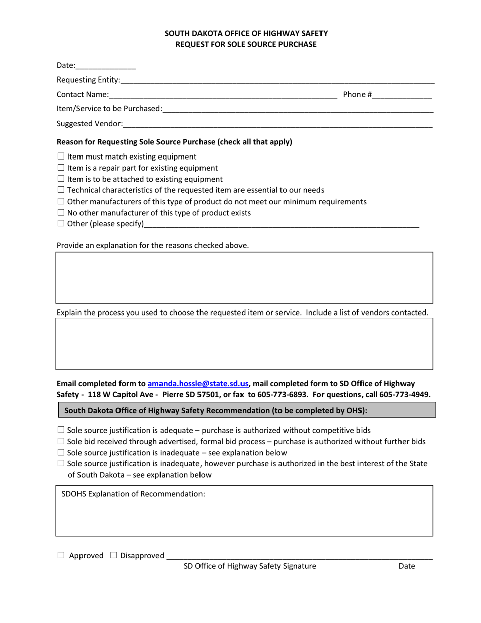 Request for Sole Source Purchase - South Dakota, Page 1
