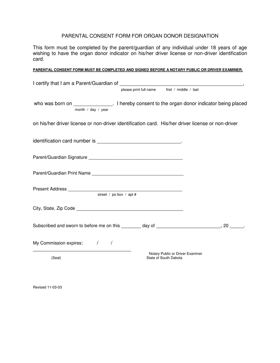 Parental Consent Form for Organ Donor Designation - South Dakota, Page 1
