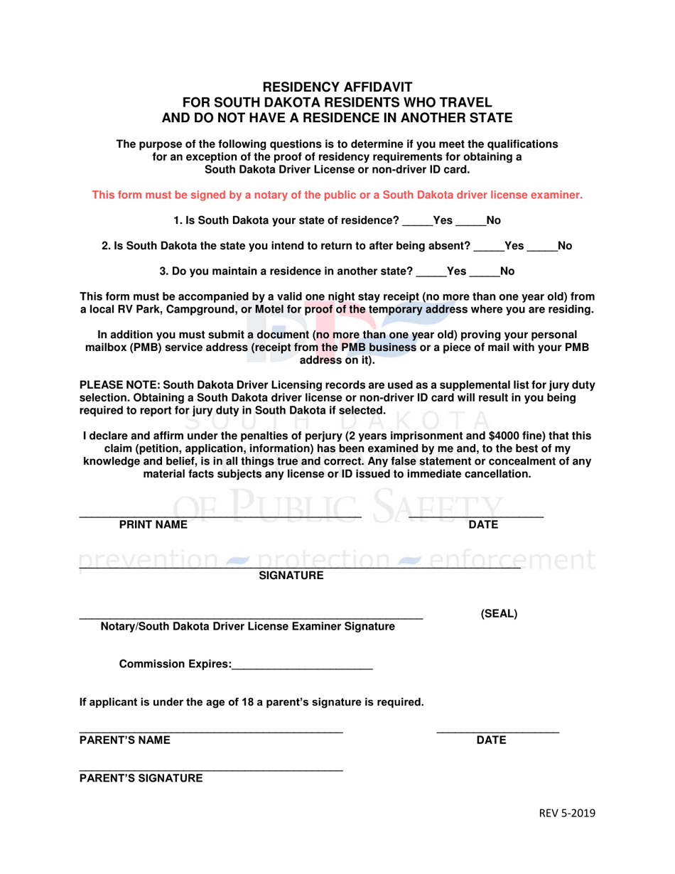 Residency Affidavit for South Dakota Residents Who Travel and Do Not Have a Residence in Another State - South Dakota, Page 1