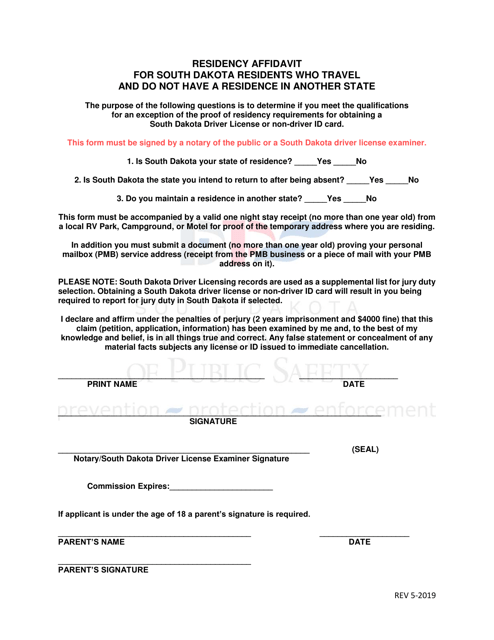 Residency Affidavit for South Dakota Residents Who Travel and Do Not Have a Residence in Another State - South Dakota Download Pdf
