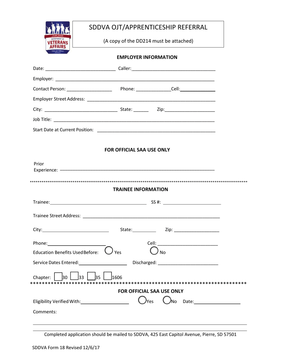 SDDVA Form 18 Sddva Ojt / Apprenticeship Referral - South Dakota, Page 1