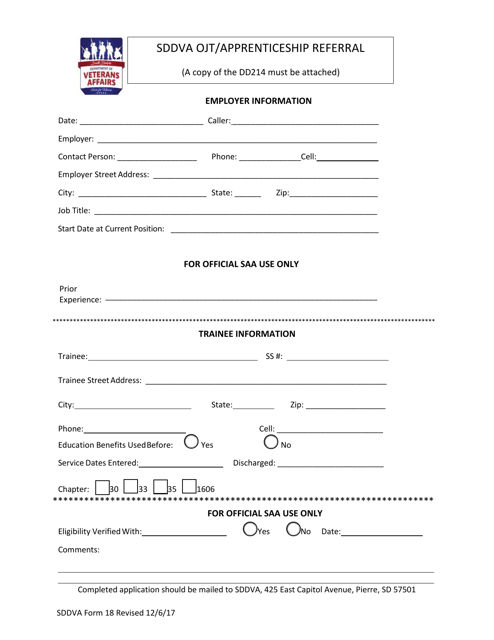 SDDVA Form 18 Sddva Ojt/Apprenticeship Referral - South Dakota